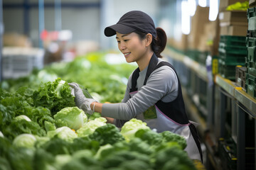 Women sort cabbage into boxes and check quality at a vegetable factory