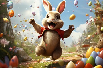 Animated and joyful Easter Bunny with big expressive eyes, giving a thumbs-up beside a delightful pile of chocolate eggs and assorted candies - obrazy, fototapety, plakaty