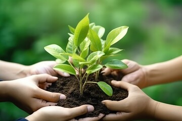 Fototapeta premium Close-up of hands nurturing and planting a young tree in fertile soil, with the morning sun shining brightly.