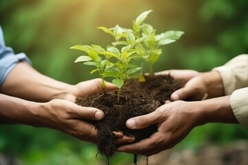 Fototapeta premium Close-up of hands nurturing and planting a young tree in fertile soil, with the morning sun shining brightly.