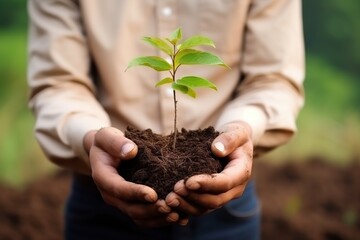 Close-up of hands nurturing and planting a young tree in fertile soil, with the morning sun shining brightly.