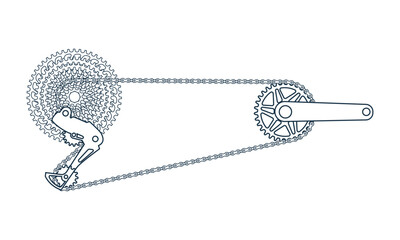 Bicycle crankset with speeds sprocket in outline. Bike gear. Chainring, cranks, cassette, chain, rear derailleur. Line vector illustration