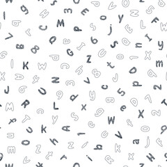 Seamless pattern of hatched and outline alphabet letters and numbers  in a sketch. Hand drawn symbols of font. Graphic print. Isolated vector illustration on white background