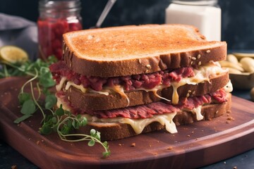 Reuben Sandwich with corned beef, cheese and sauerkraut. - obrazy, fototapety, plakaty