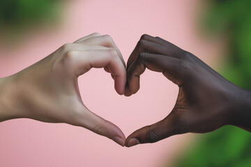 Two hands of different skin tones forming a heart together with a pink outdoor background, representing racial diversity and inclusion, and that love and unity transcend ethnic differences