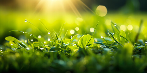 Obraz premium Lush green grass in macro view with dew drops under the bright, warm sunlight of a fresh summer morning, evoking growth and vitality