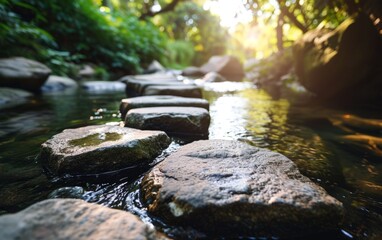 Fototapeta premium Tranquil Path: Stepping Stones Across a Serene Strea
