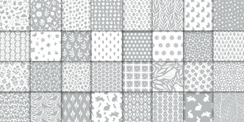 32 cute doodle seamless patterns. Hand drawn seamless pattern with flowers leaves birds and symbols - 702267201