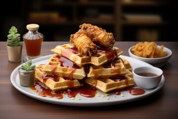 A plate of chicken and waffles with maple syrup.