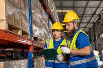 Two professional female and male warehouse checks stock workers, International car parts, import-export, and logistic business concepts: transportation, distribution, industry factory concept.