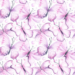Seamless pattern with pink bright watercolor butterflies on white backdrop. Hand drawn insects design ideal for fabric textile or scrapbooking, paper