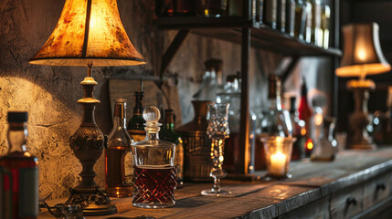 Fototapeta na wymiar vintage lamps with liquor bar background