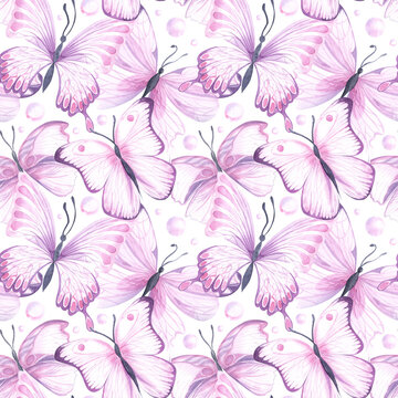 Seamless pattern with pink bright watercolor butterflies on white backdrop. Hand drawn insects design ideal for fabric textile or scrapbooking, paper