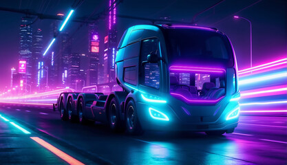 Futuristic heavy truck on a highway, cyberpunk style, concept model of a high tech truck