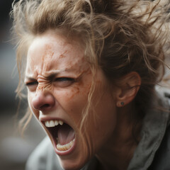 close up of the face of a 48 years old woman, dressing white, totally stress and desperate, screaming
