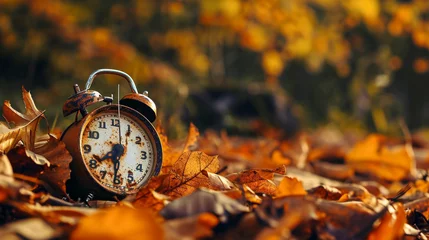 Foto op Plexiglas Alarm clock, acorns and autumn leaves on table outdoors. Daylight saving time end. Generative AI © Fuji