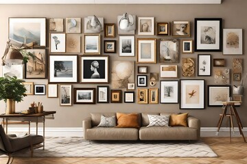 Design an artistic wall gallery with paintings, framed quotes, and artistic pieces.