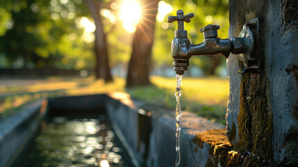 Water tap with Water Outdoor green park background - obrazy, fototapety, plakaty