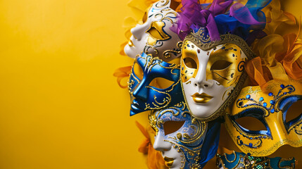 A festive, colorful group of mardi gras or carnivale mask on a yellow background. Generative AI