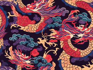 pattern of chinese dragon on the wall,  colorful and dynamic illustration featuring a mythical dragon emerging from the roaring waves against a radiant red sun.