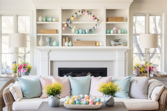 Bright and cheerful living room adorned with Easter decorations, featuring a pastel egg garland, plush bunny pillows, and a table with tulips and painted eggs