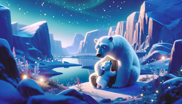 A whimsical, animated style image of a polar bear mother cuddling her cub.