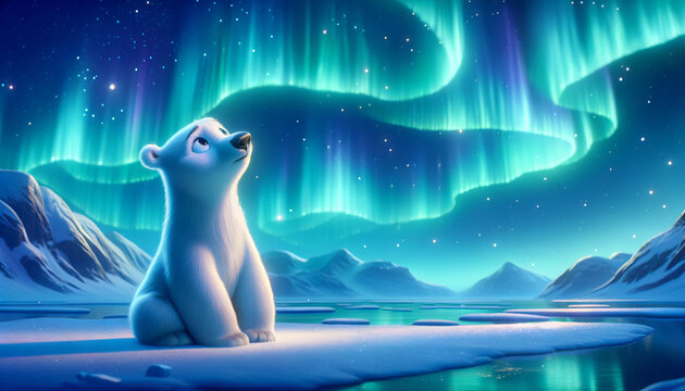 A whimsical, animated style image of a polar bear under the aurora borealis.