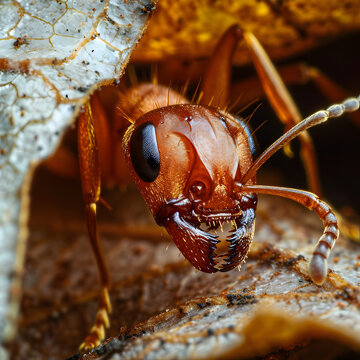 Red ants or Oecophylla smaragdina of the family Formicidae found their nests in nature by wrapping them in leaves. red ant face macro animal or insect life
