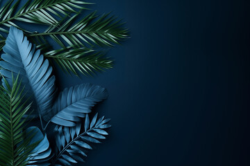 Blue and green foliage in a tropical leaves collection with a blue background.