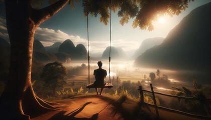 A high-quality image of a person in solitude on a swing overlooking a scenic landscape, in a 16_9 ratio. - Powered by Adobe