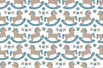 Seamless baby pattern. Horse carriage, festive flags and stars. A wonderful ornament for decorating baby products.