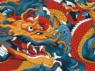 Fototapeta na wymiar pattern of chinese dragon on the wall, colorful and dynamic illustration featuring a mythical dragon emerging from the roaring waves against a radiant red sun.