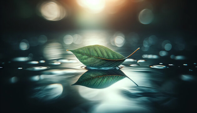 A high-quality image of a photograph of a single leaf floating on still water, in a 16_9 ratio.