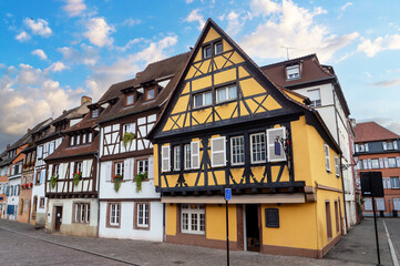 picturesque street of half-timbered frame buildings of town of Colmar, France