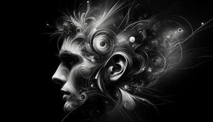 A high-quality image of a black and white sketch of a person's profile with abstract elements, in a 16_9 ratio. - Powered by Adobe