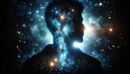 A high-quality image of a conceptual image of a person's silhouette filled with a starry night sky, in a 16_9 ratio.