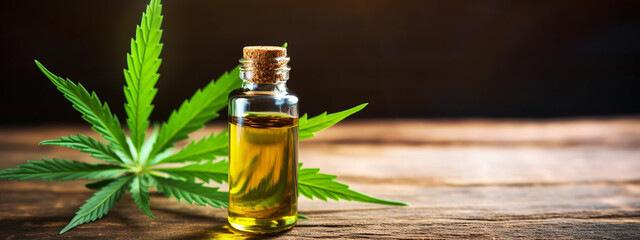 hemp essential oil on a wooden table