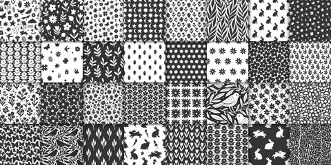 32 cute doodle seamless patterns. Hand drawn seamless pattern with flowers leaves birds and symbols
