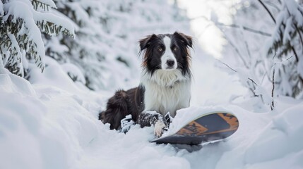 Portrait of a border collie with a snowboard in the fresh snow,