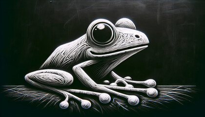 A creative representation of a frog drawn with chalk on a blackboard, depicted in a whimsical, animated art style.