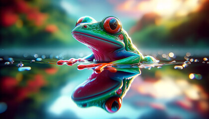 A close-up of a frog with its reflection in crystal clear water, depicted in a whimsical, animated art style. - obrazy, fototapety, plakaty
