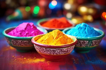 Colorful pots and drumms with Holi powder, Indian festival of colors © Irina Bort