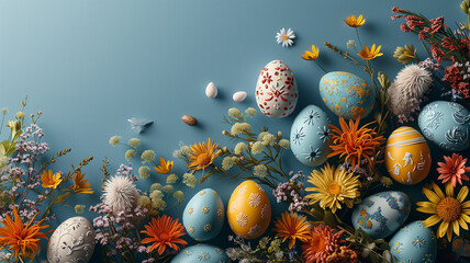 Easter colored egg and flowers on a blue background
