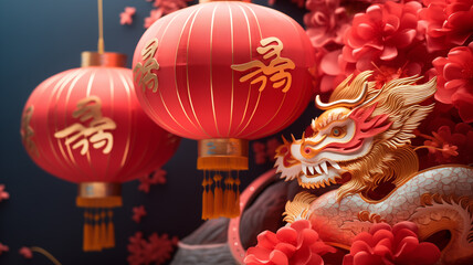 Naklejka premium Chinese New Year with a Dradon on red background