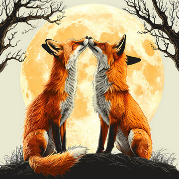 Two foxes howling under a full moon
