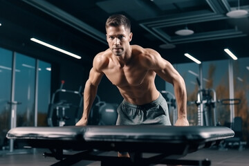 Fototapeta na wymiar Fitness routine and weight loss, sports life. Man correctly performs demanding core exercises on the pathos of the modern gym and sports center concept. Individual training and achieving fitness goals