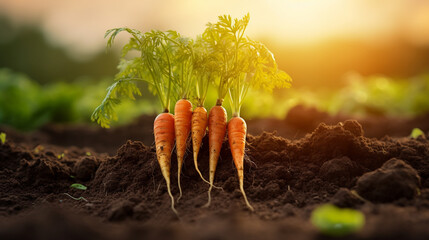 Ripe carrots growing in soil in garden. Harvest fresh carrots. - obrazy, fototapety, plakaty