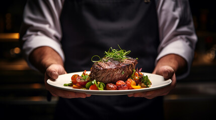 A chef serves or presents a baked steak in a restaurant.