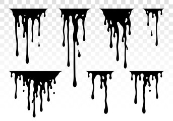 Paint dripping. Dripping liquid. Paint flows. Current paint, stains. Current drops. Current inks. Vector illustration. Flowing liquid. Stencil drops. Paint splatter. Molten. Chocolate drops. Oil drop