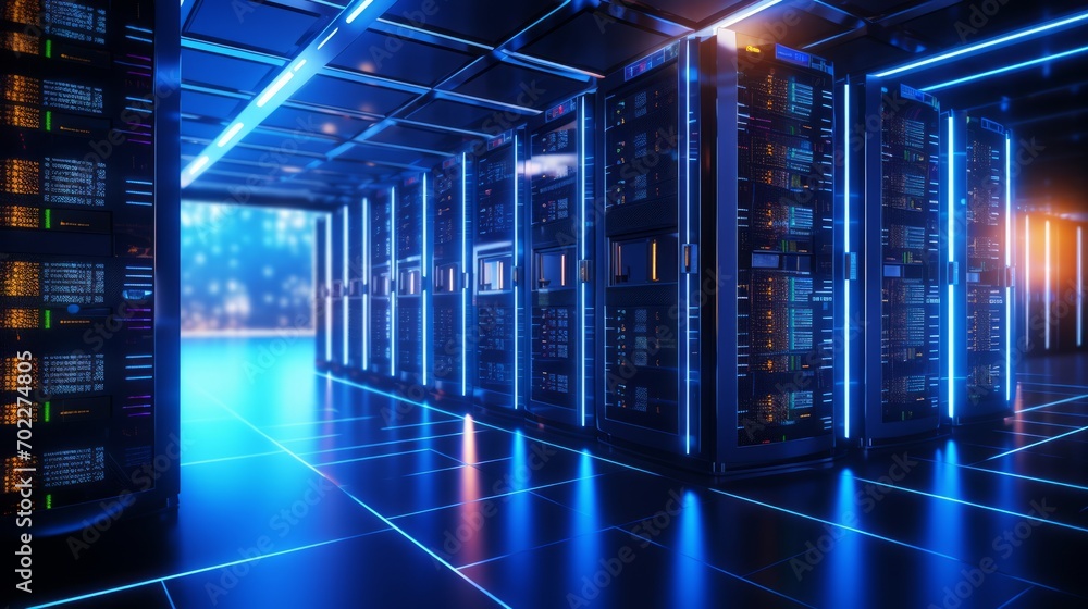 Poster a detailed illustration of server racks and data storage units within a render farm, emphasizing the